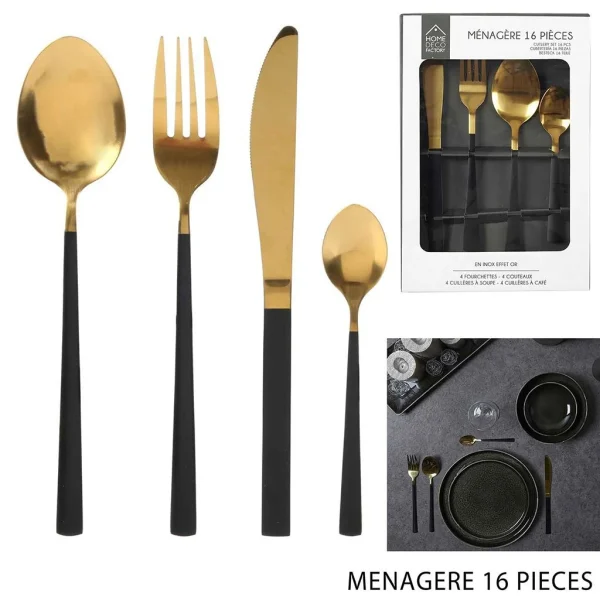 comparez les prix Home Déco Factory Menagère 16 Pieces Doré Et Noir En Acier Inoxydable 1