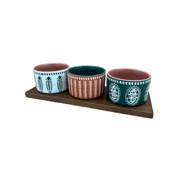 magasin pour SEMA DESIGN Lot De 3 Coupelles En Grès Et Plateau Terracotta, Vert Et Blanc – Romance Vegetal 3