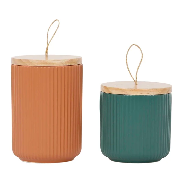 Paiement sécurisé SEMA DESIGN Pots X2 Avec Couvercle En Bois Terracotta Et émeraude En Grès – Sweet Leaves 1