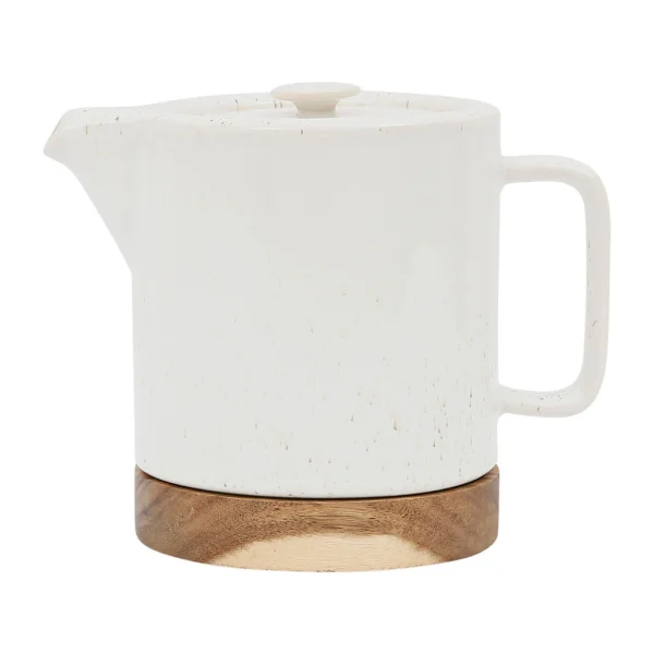 grossiste en ligne SEMA DESIGN Théière Avec Filtre Blanc Moucheté 1.15l En Grès Et Dessous En Bois – Nordika 1