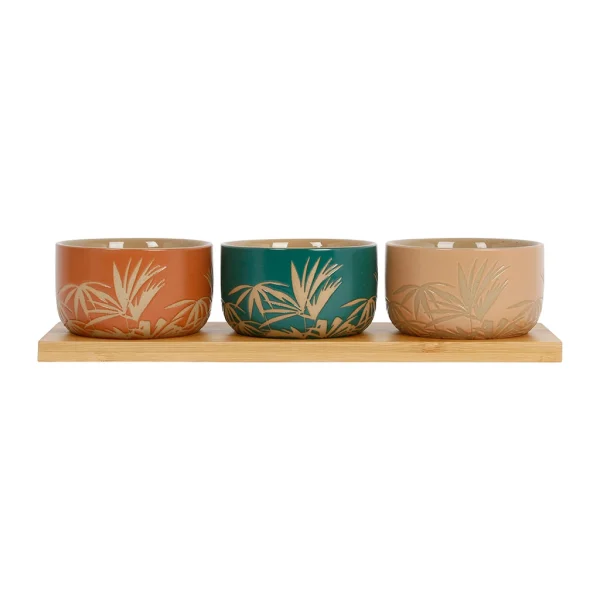 magasin SEMA DESIGN Coupelles X3 Feuilles En Grès Et Plateau En Bois émeraude, Terracotta Et Corail – Sweet Leaves 1