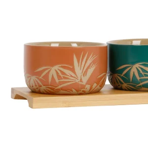 magasin SEMA DESIGN Coupelles X3 Feuilles En Grès Et Plateau En Bois émeraude, Terracotta Et Corail – Sweet Leaves 12